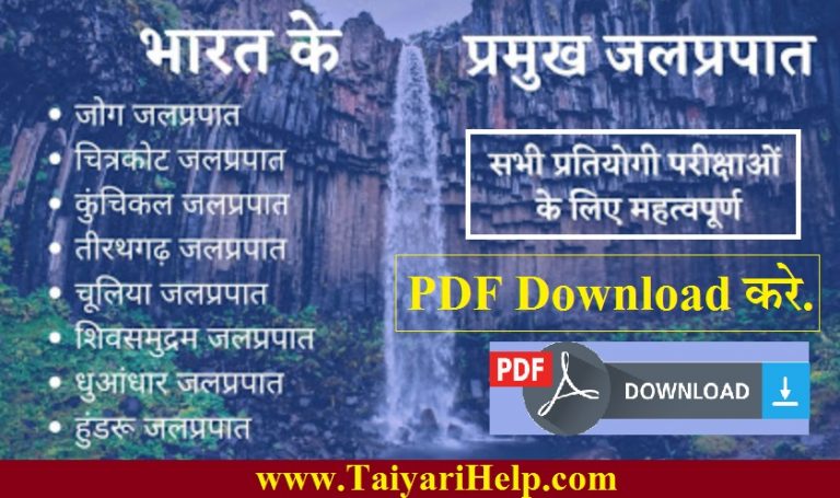 Major Waterfalls of India in Hindi : भारत के प्रमुख जलप्रपात PDF Download