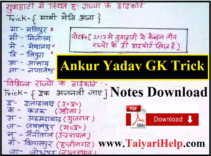 Ankur Yadav GK Trick Handwriting Notes PDF in Hindi
