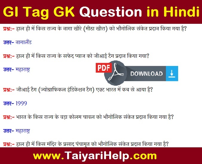GI Tag GK Question in Hindi : भौगोलिक सकेंत प्रश्न उत्तर